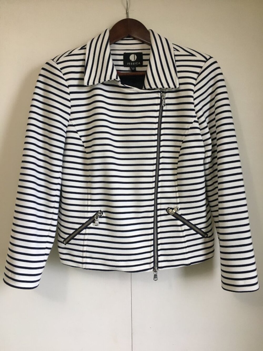 Jessica Captain Striped Asymmetrical Zip Blazer - Size 10P